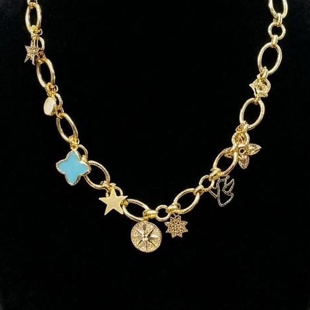 Gold Charm Necklace with Turquoise Clover Accent - Women Jewelry